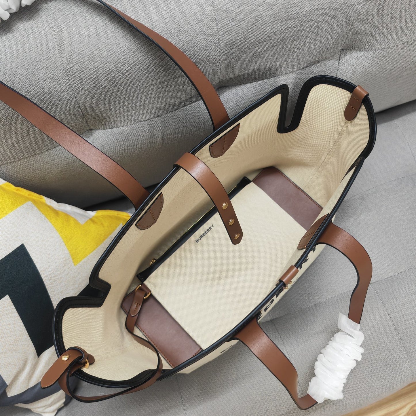 Burberry Horseferry Canvas Tote Bag with Brown Leather Handles