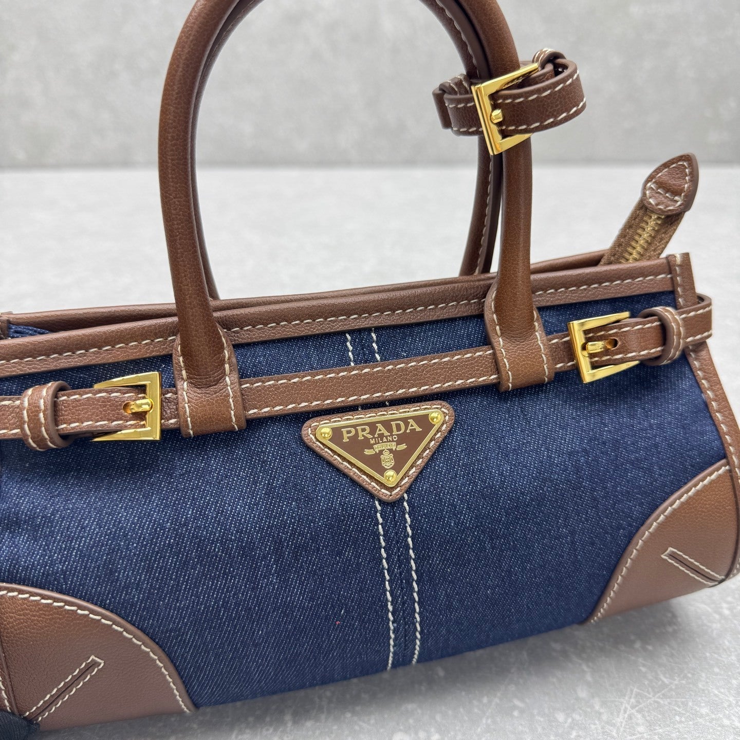Prada Bonnie Medium Denim Handbag with Brown Leather Trim