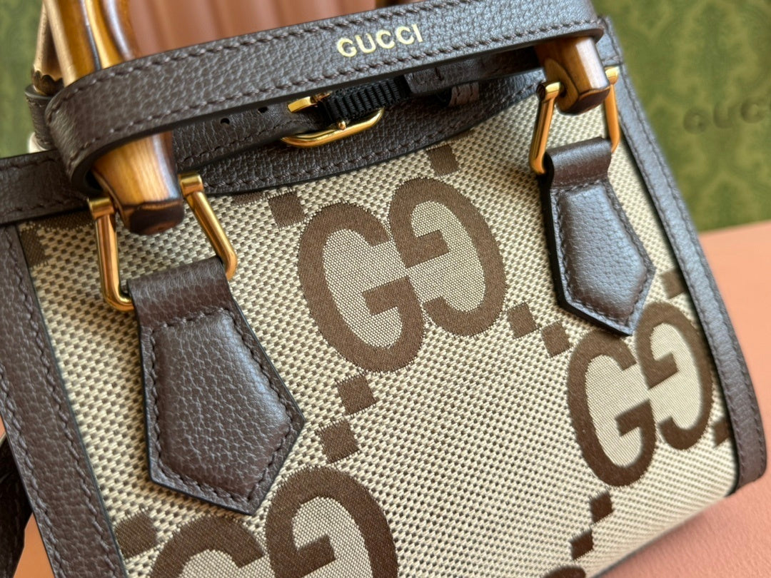 Gucci Diana Mini Tote Bag in Camel & Ebony Jumbo GG Canvas with Brown Leather Trim and Bamboo Handles