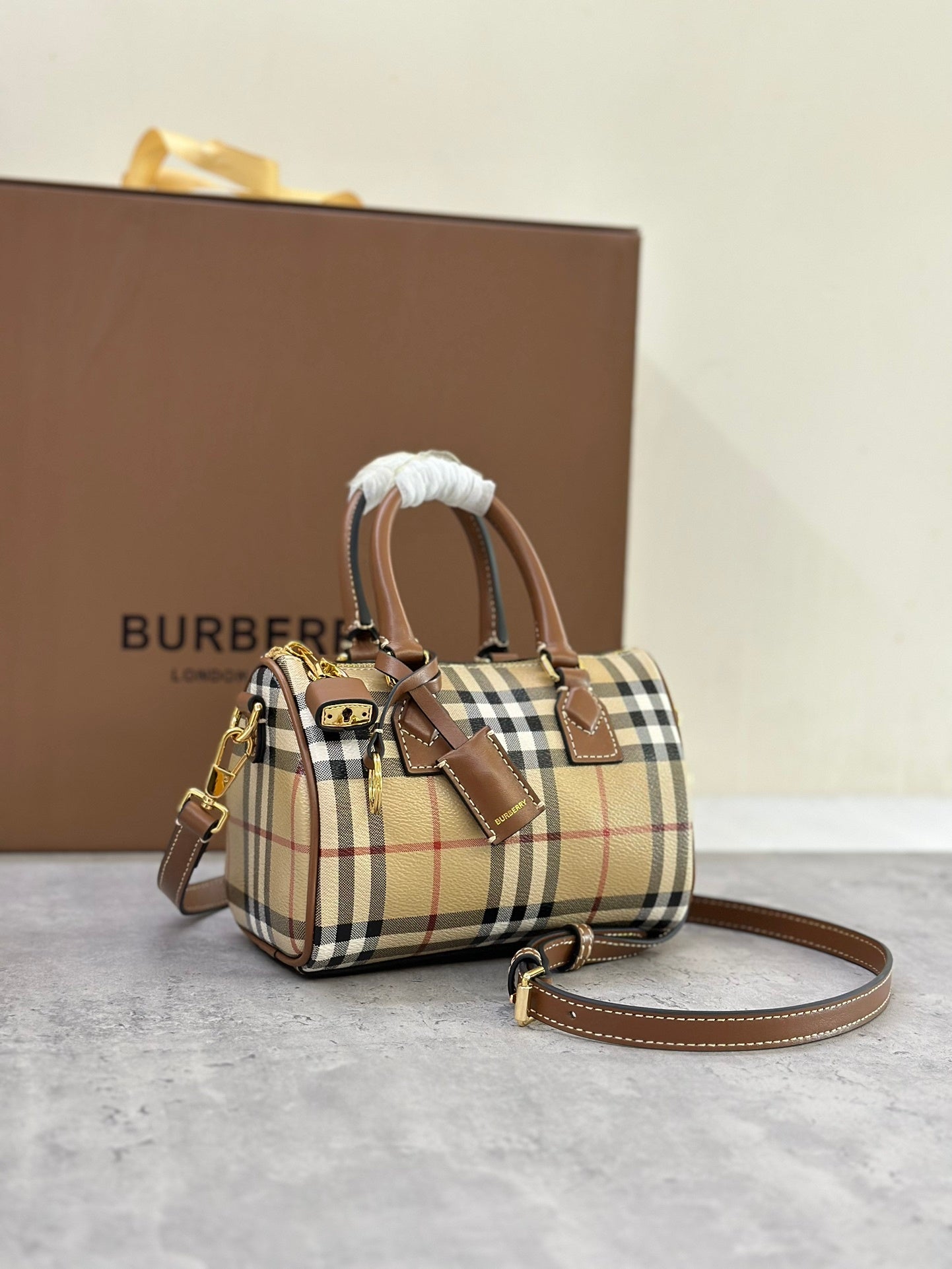 Burberry Mini Check Bowling Bag in Archive Beige & Briar Brown with Leather Trim