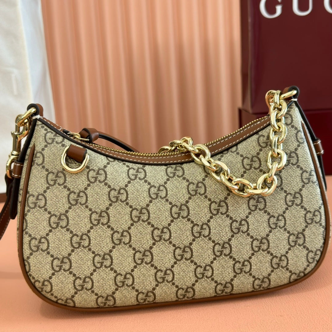 Gucci GG Emblem Small Shoulder Bag in Beige & Dark Brown Monogram with Brown Leather Trim