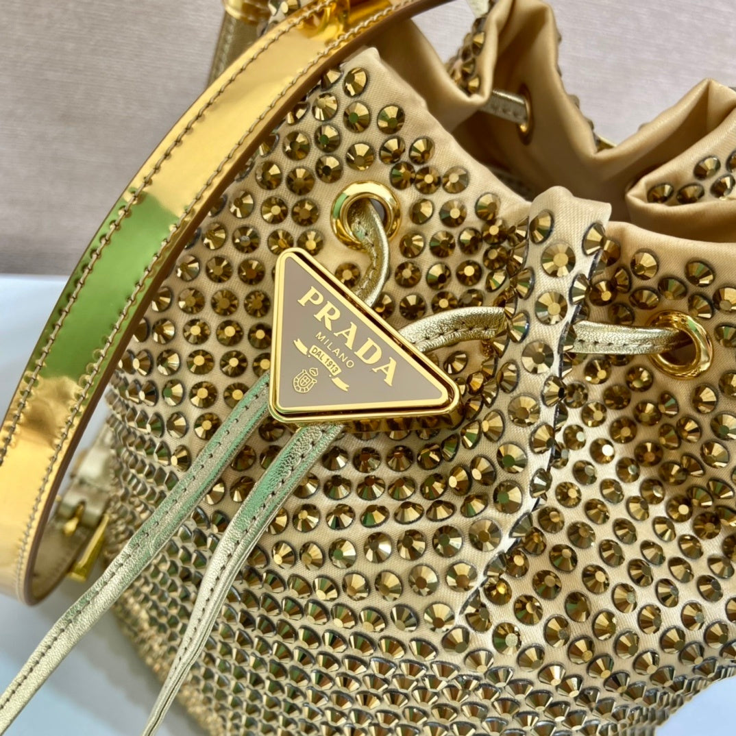 Prada Crystal-Embellished Gold Silk Bucket Bag