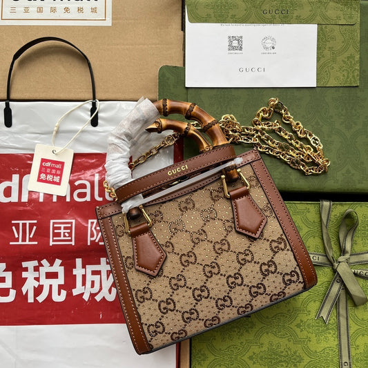 Gucci Diana Mini Tote GG Canvas Bag with Leather Trim and Bamboo Handles