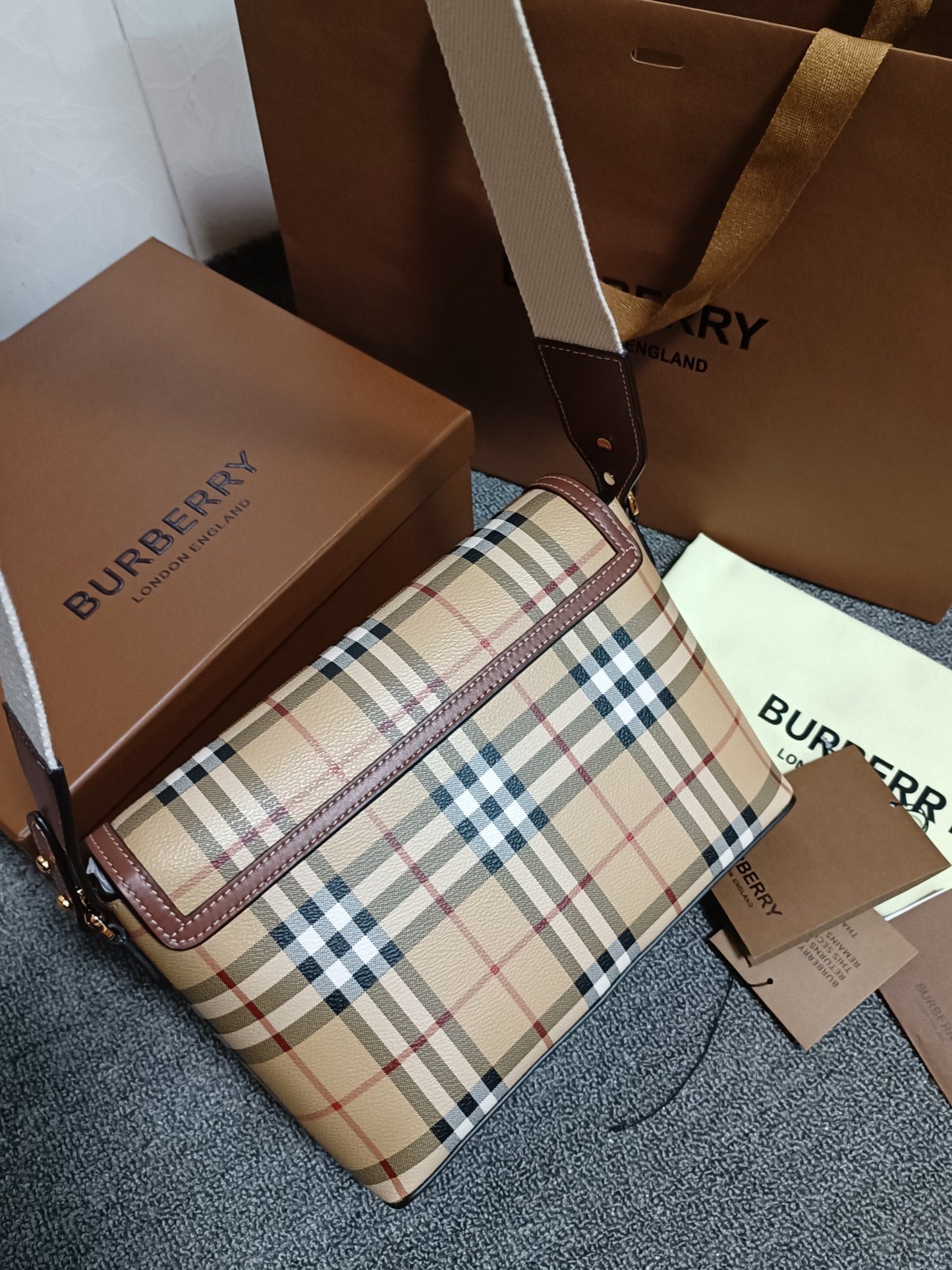 Burberry Note Crossbody Bag Archive Beige Check with Briar Brown Leather Trim