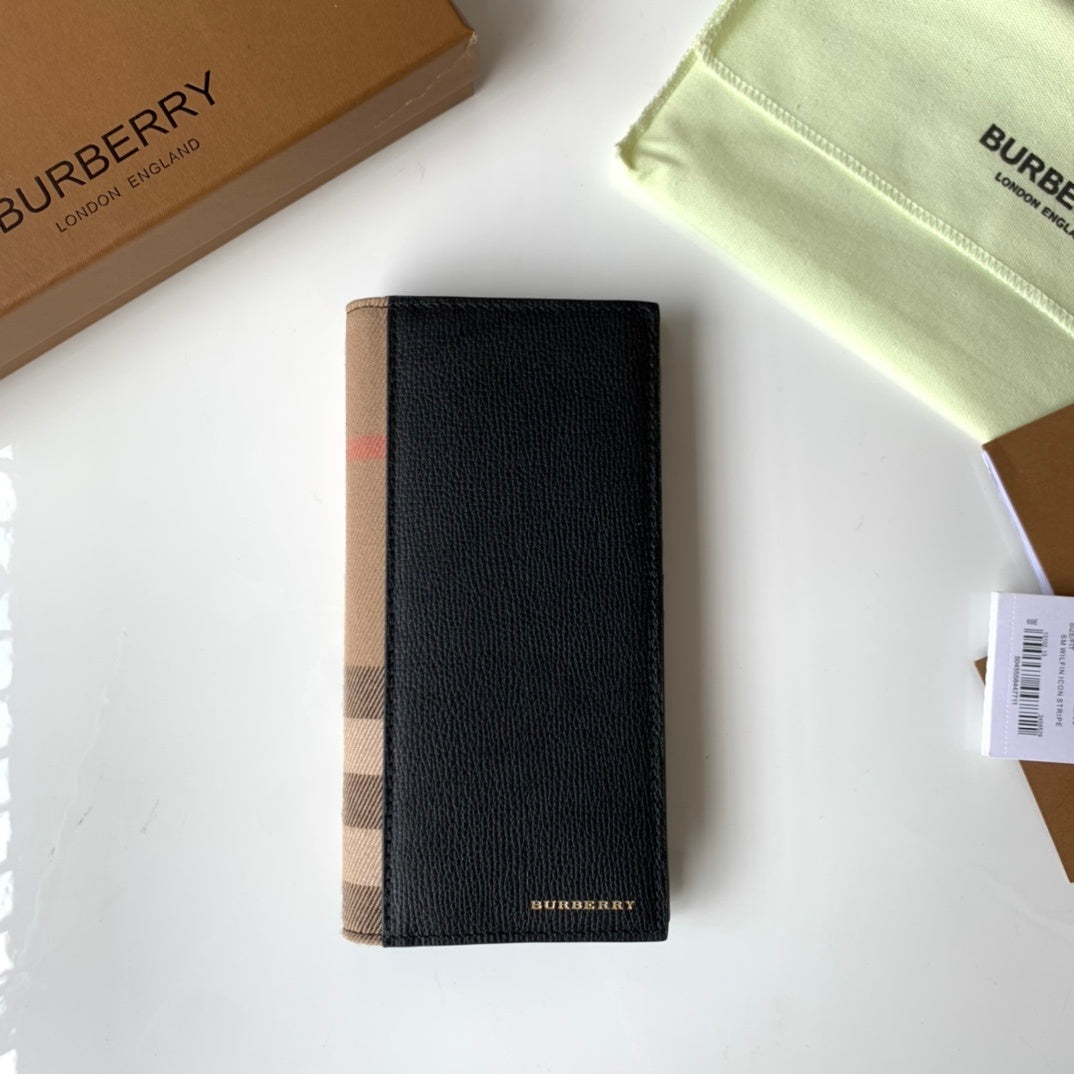 Burberry Long Grainy Leather Wallet with House Check Side Panel