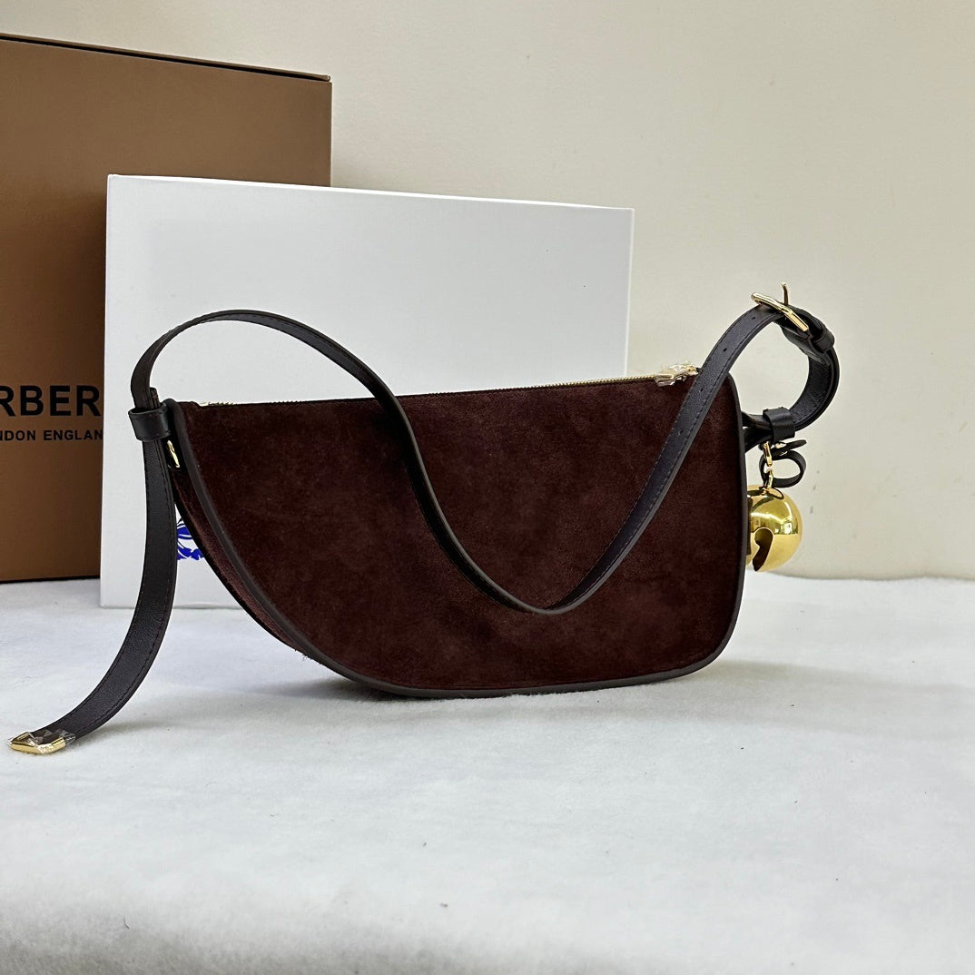 Burberry Shield Small Brown Suede Crescent Shoulder Bag