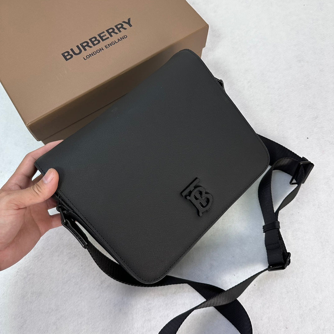 Burberry Alfred Black Leather Crossbody Bag with TB Monogram Plaque