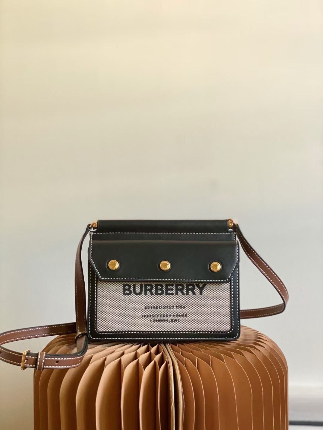 Burberry Mini Title Bag in Horseferry Print Canvas & Malt Brown Leather