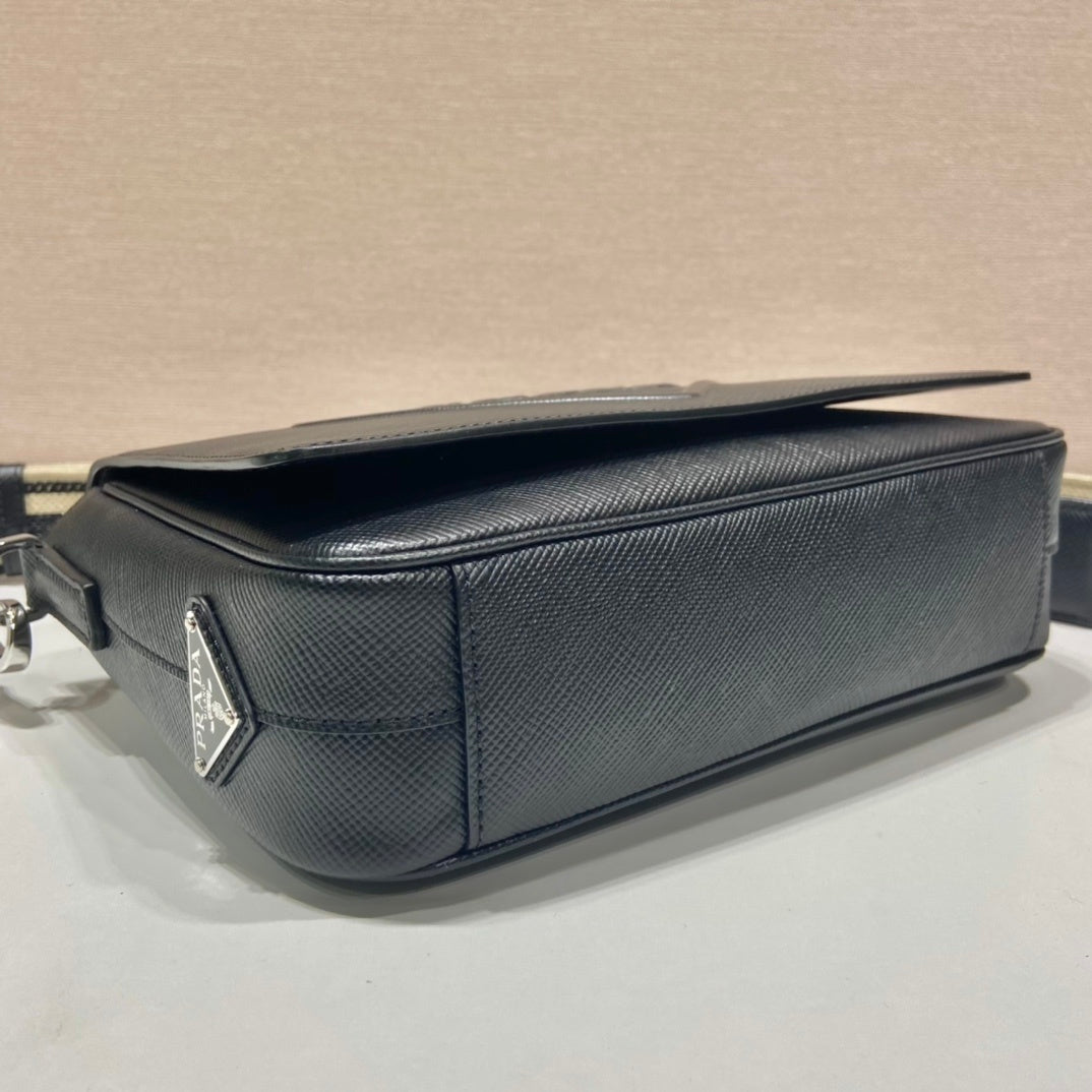 Prada Black Saffiano Leather Shoulder Bag with Detachable Woven Strap