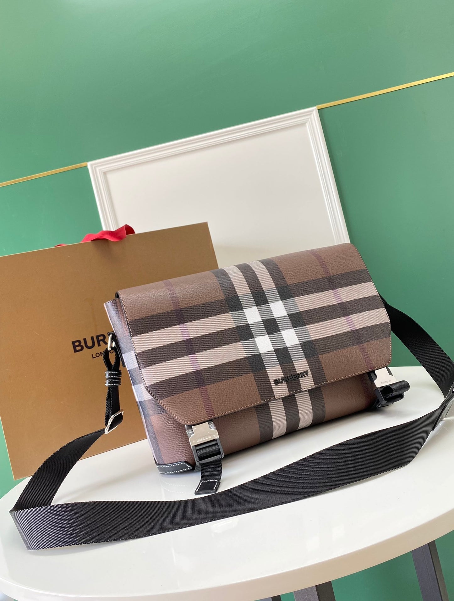 Burberry Exaggerated Check Messenger Bag Dark Brown Luxury Crossbody