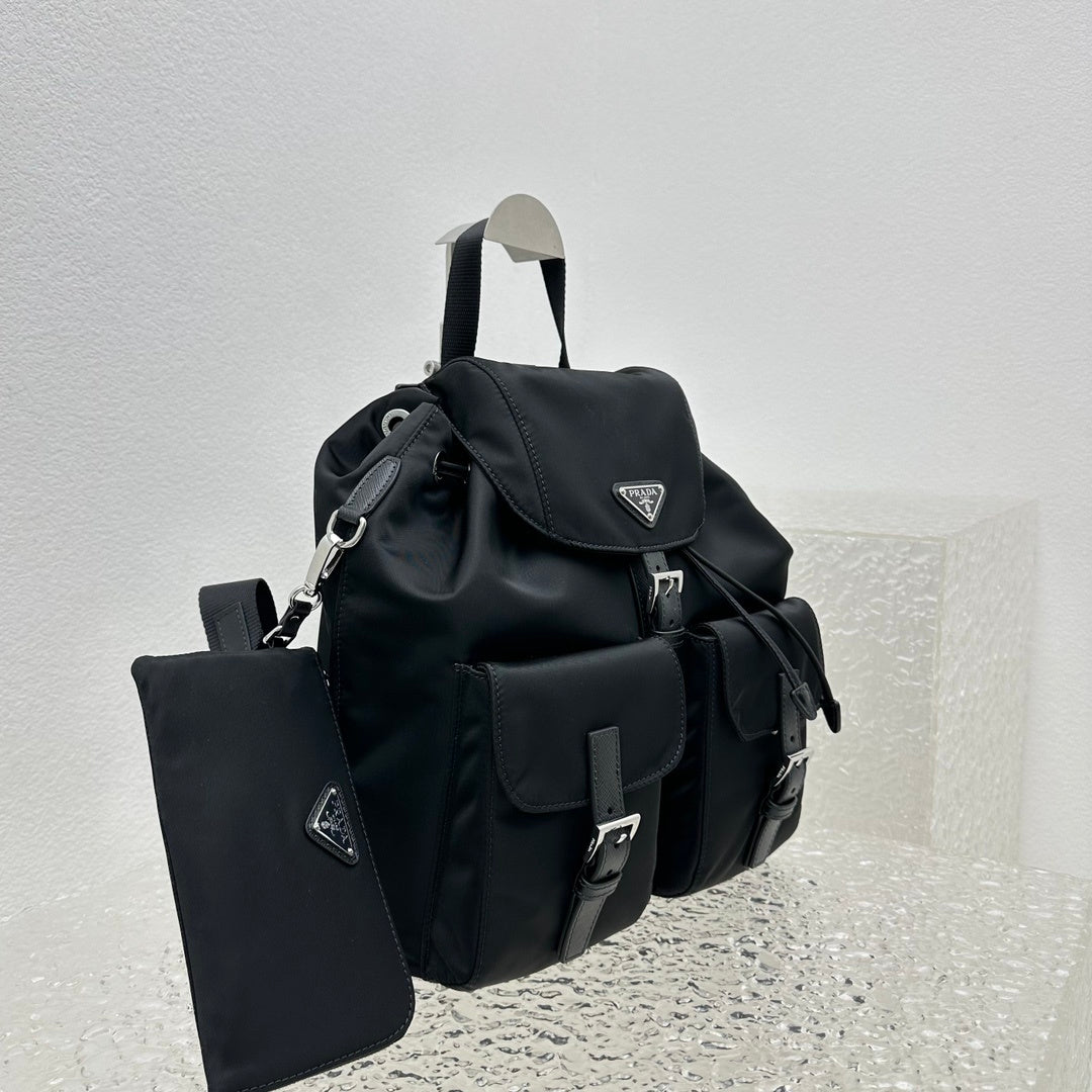 Prada Black Re-Nylon and Saffiano Leather Backpack with Detachable Pouch