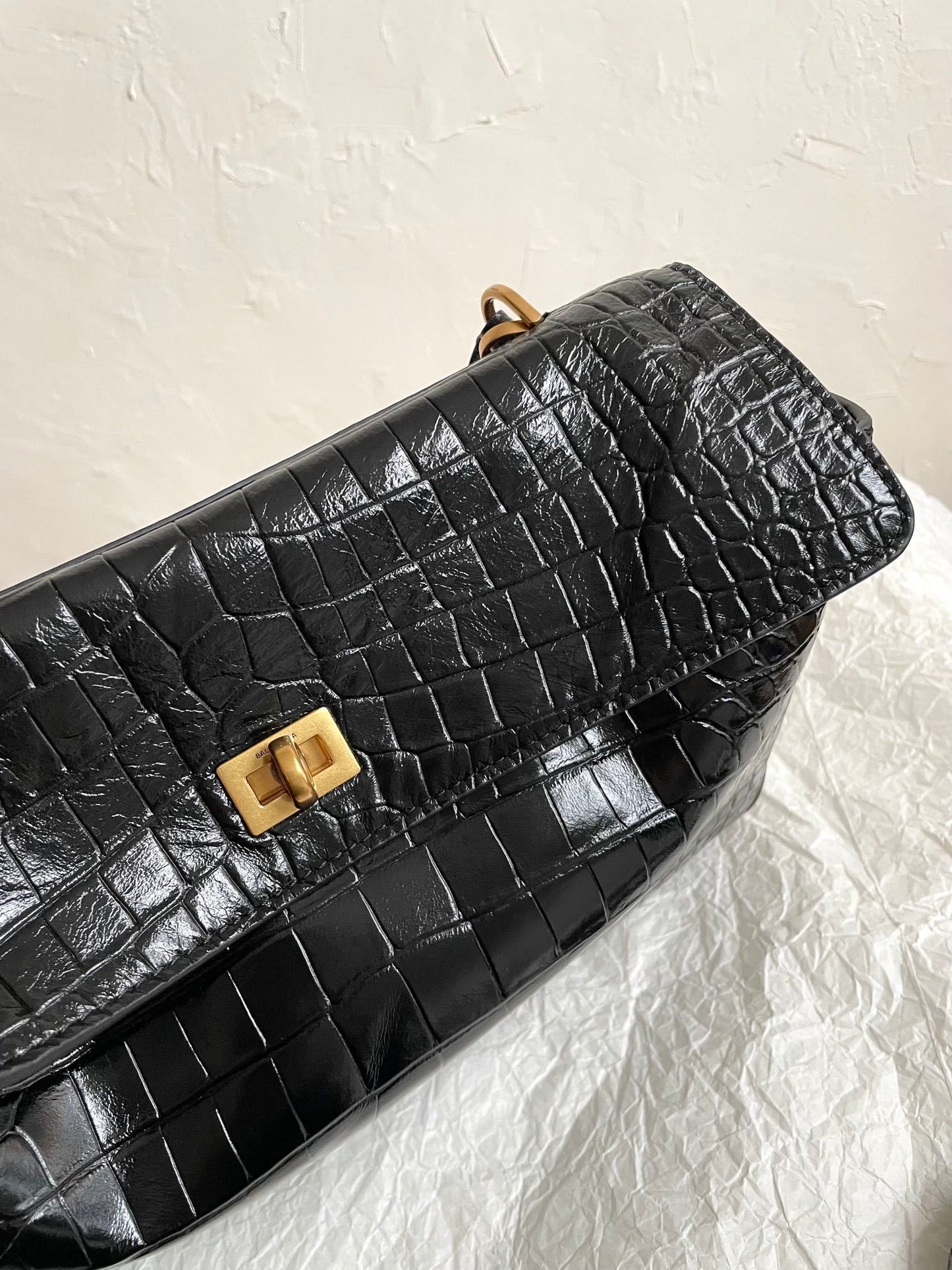 Balenciaga Rodeo Black Croc-Embossed Calfskin Luxury Handbag