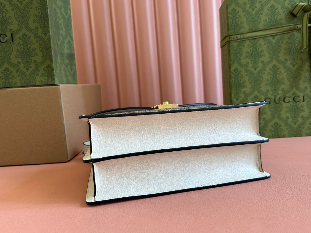 Gucci Ophidia GG Small Top Handle Bag in Beige & White Canvas with Web Stripe