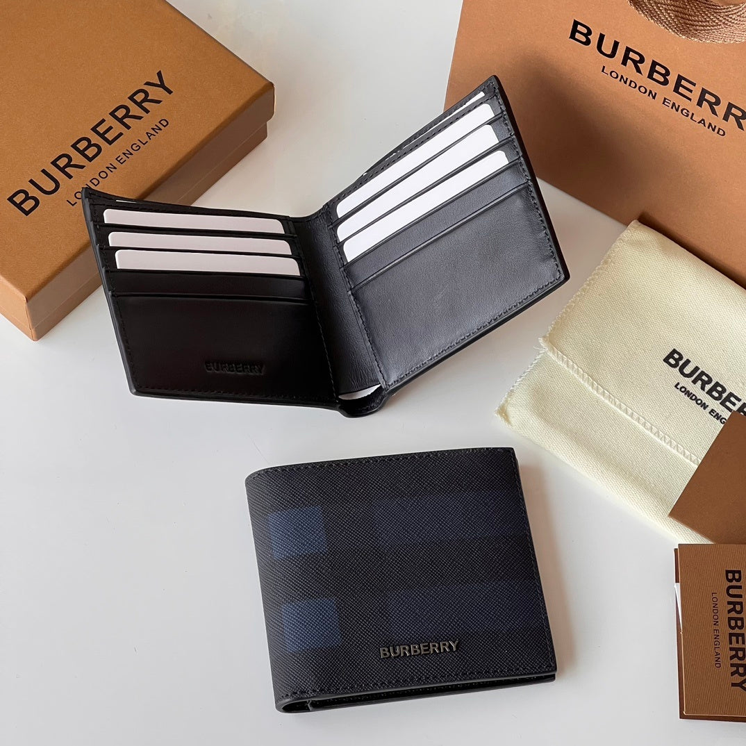 Burberry Men's Navy Textured Leather Bifold Wallet with Metal Logo