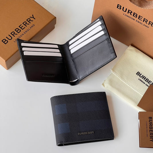 Burberry Men's Navy Textured Leather Bifold Wallet with Metal Logo