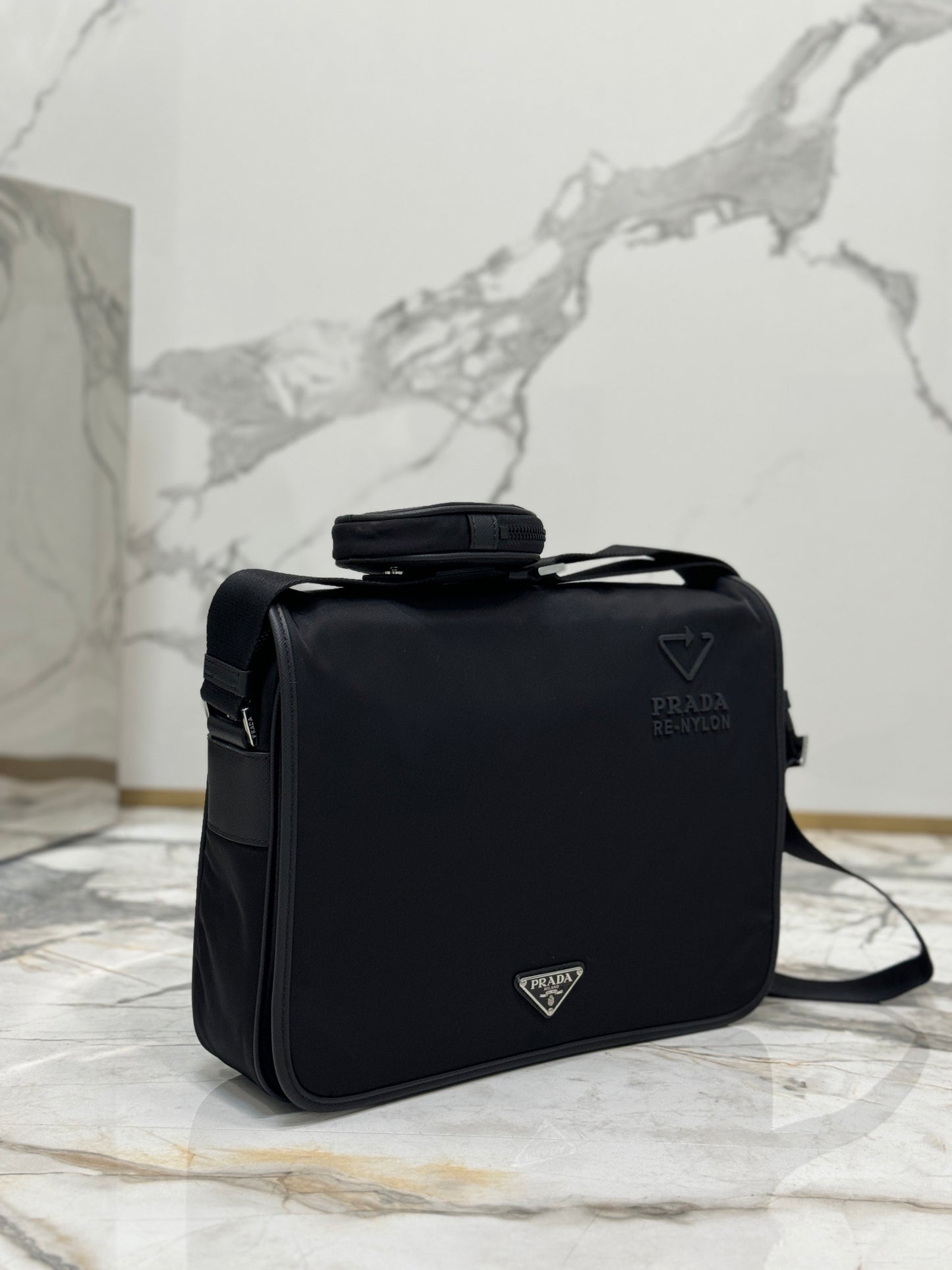 Prada Re-Nylon & Saffiano Leather Messenger Bag 2VD039 – Black with Removable Zip Pouch