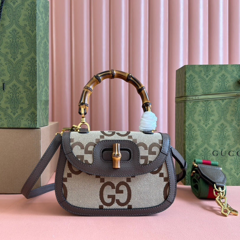 Gucci Small Jumbo GG Canvas Bamboo 1947 Top Handle Bag in Beige & Brown