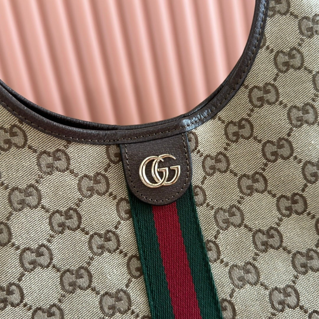 Gucci Giglio Large Tote Bag in Beige and Dark Brown GG Canvas with Web Trim