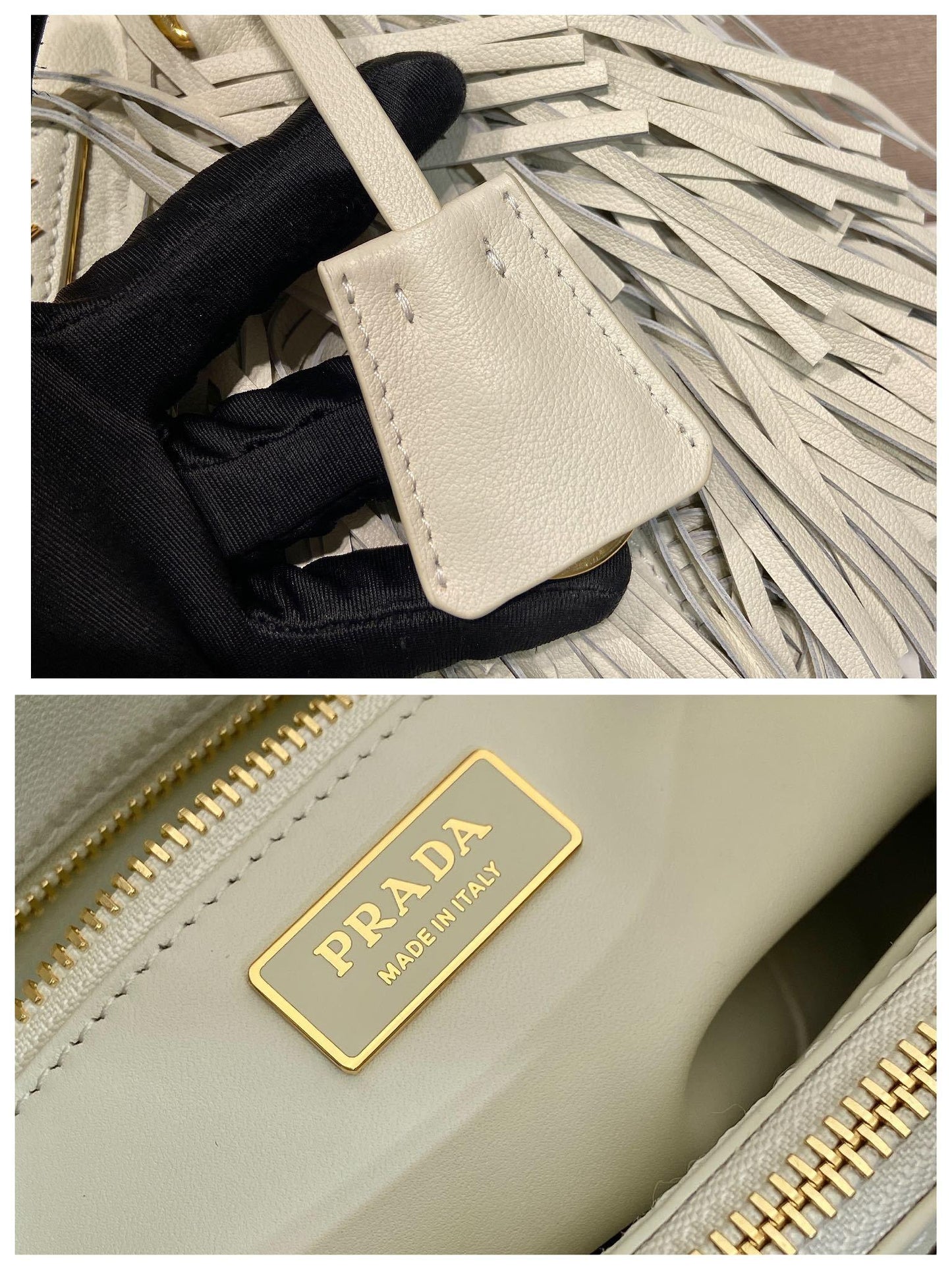 Prada Small Galleria White Tote Bag with Fringe Detailing
