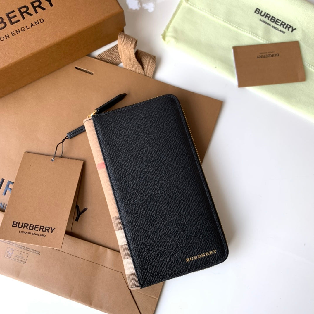 Burberry Logo Leather Continental Wallet in Black Calfskin with Check Side Panel