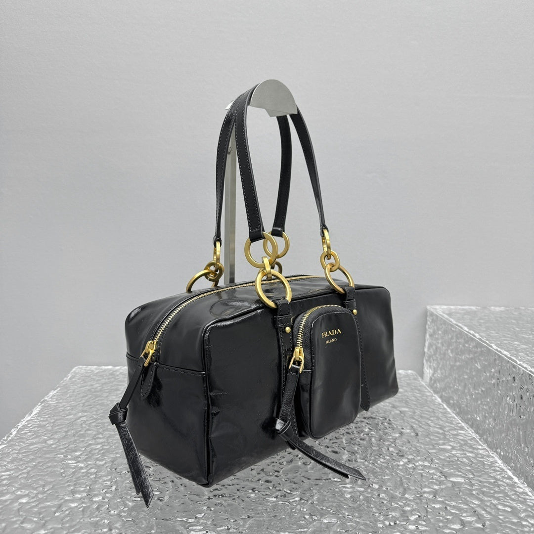 Prada Dangle Medium Black Leather Top Handle Shoulder Bag