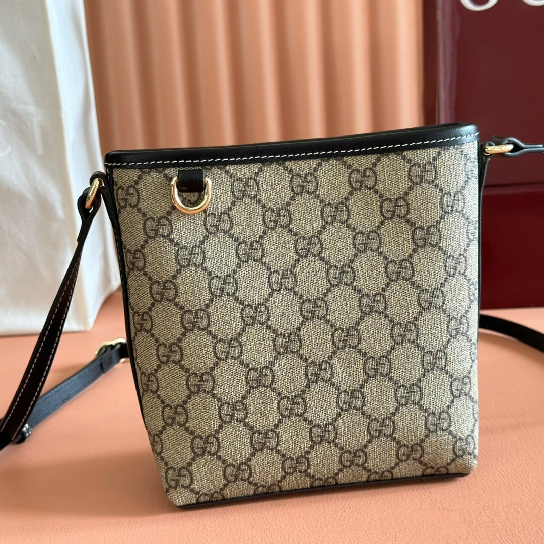 Gucci GG Emblem Nano Bucket Bag in Beige & Dark Brown Monogram with Black Leather Trim