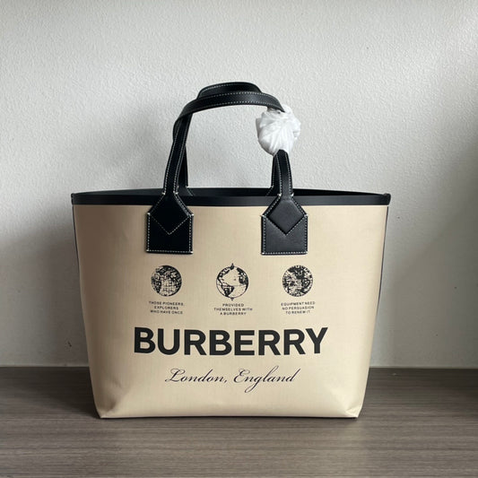 Burberry Label Print Cotton Medium London Tote Bag Beige Canvas & Black Leather