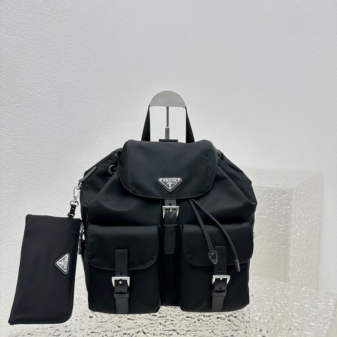 Prada Black Re-Nylon and Saffiano Leather Backpack with Detachable Pouch