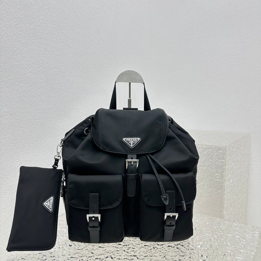 Prada Black Re-Nylon and Saffiano Leather Backpack with Detachable Pouch