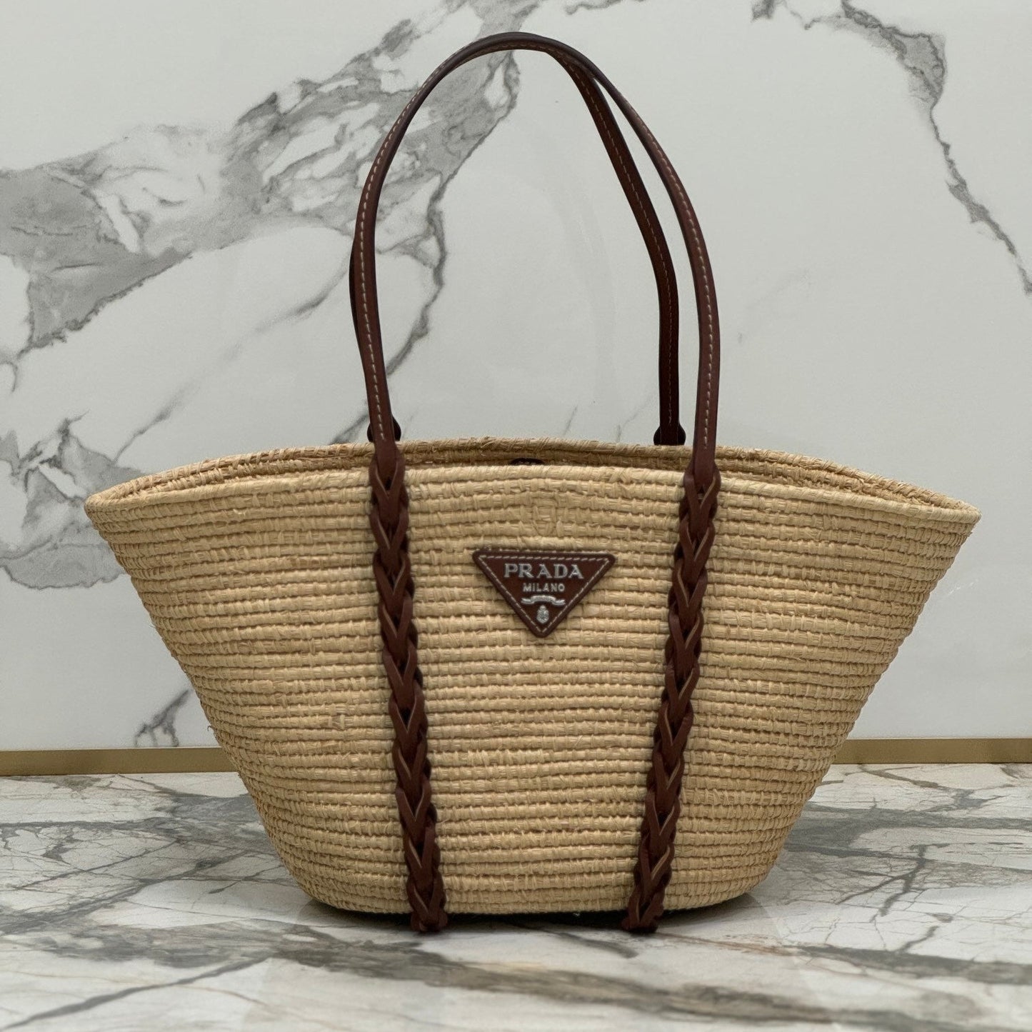Prada Logo Leather-Trimmed Raffia Basket Bag – Natural/Beige & Cognac with Braided Leather Handles