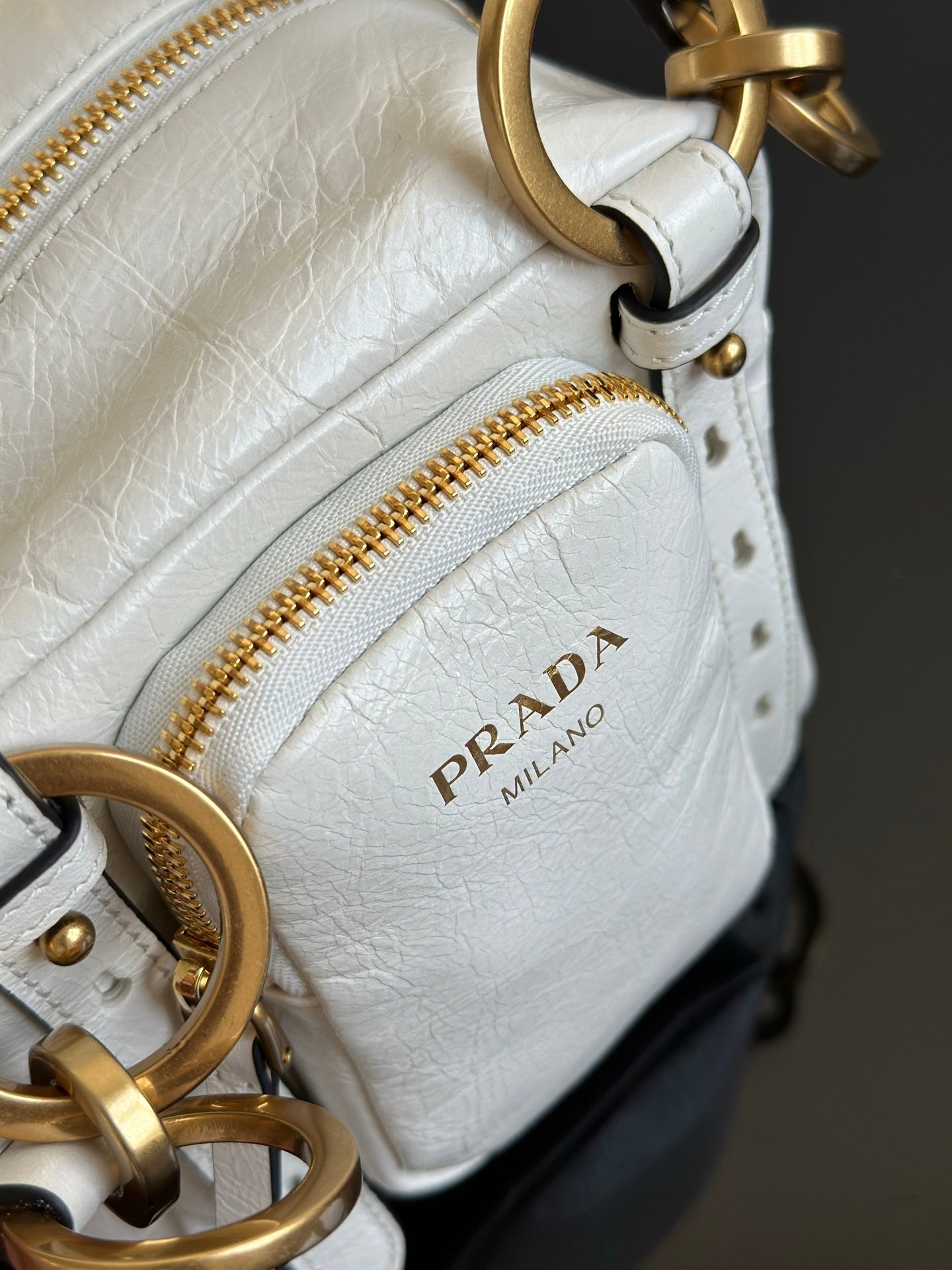Prada Dangle Mini White Distressed Leather Top-Handle Bag