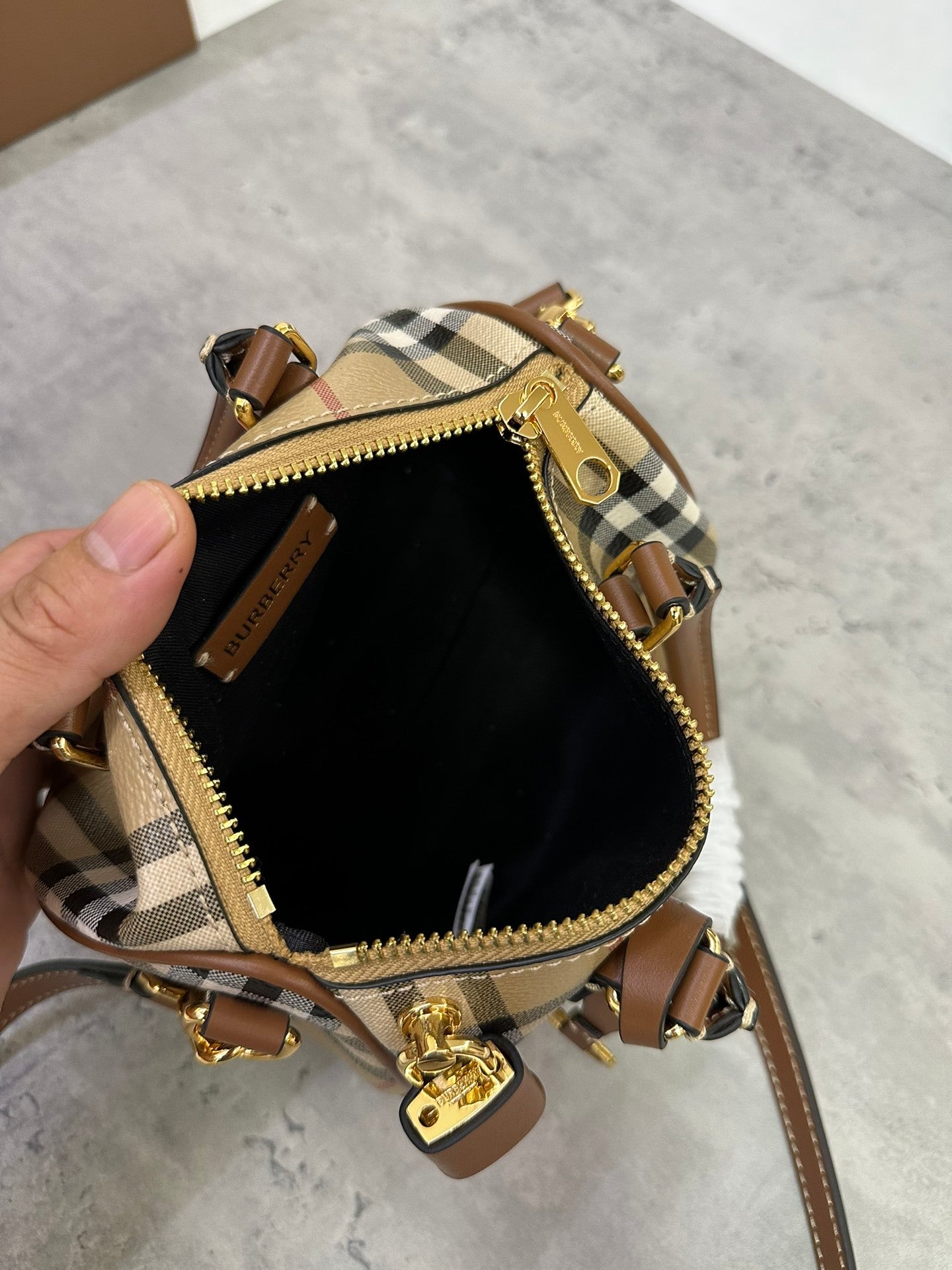 Burberry Mini Check Bowling Bag in Archive Beige & Briar Brown with Leather Trim
