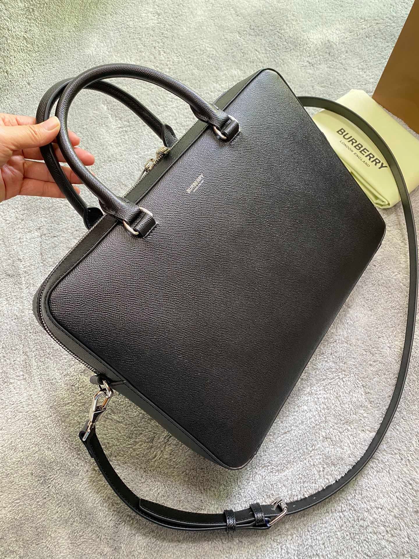 Burberry Black Grained Leather Briefcase with Silver Logo Plaque