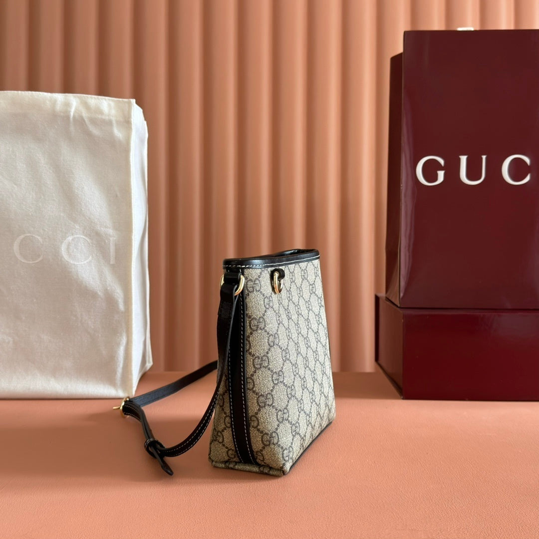 Gucci GG Emblem Nano Bucket Bag in Beige & Dark Brown Monogram with Black Leather Trim