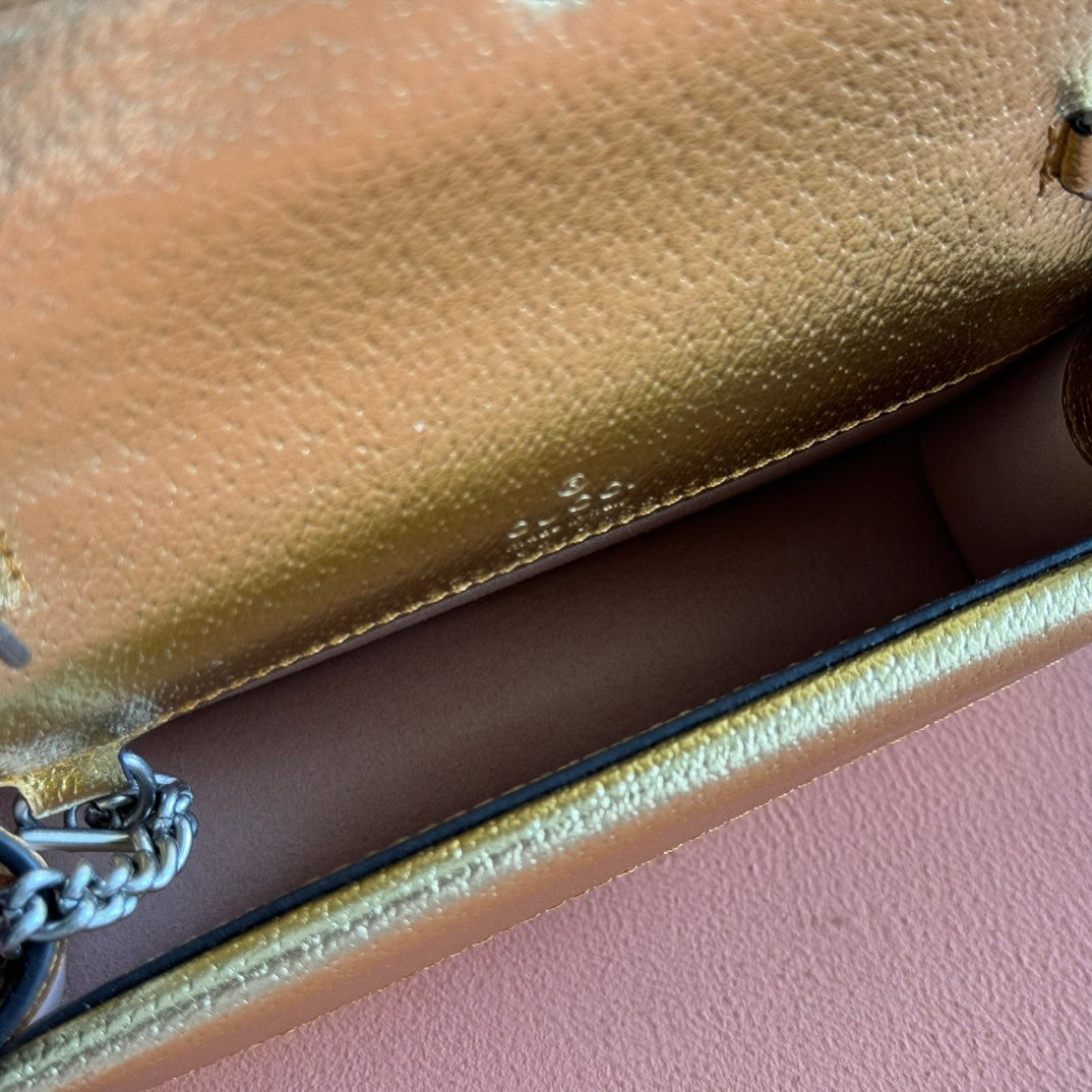 Gucci Dionysus Super Mini Gold Leather Bag with Crystal Tiger Head Closure
