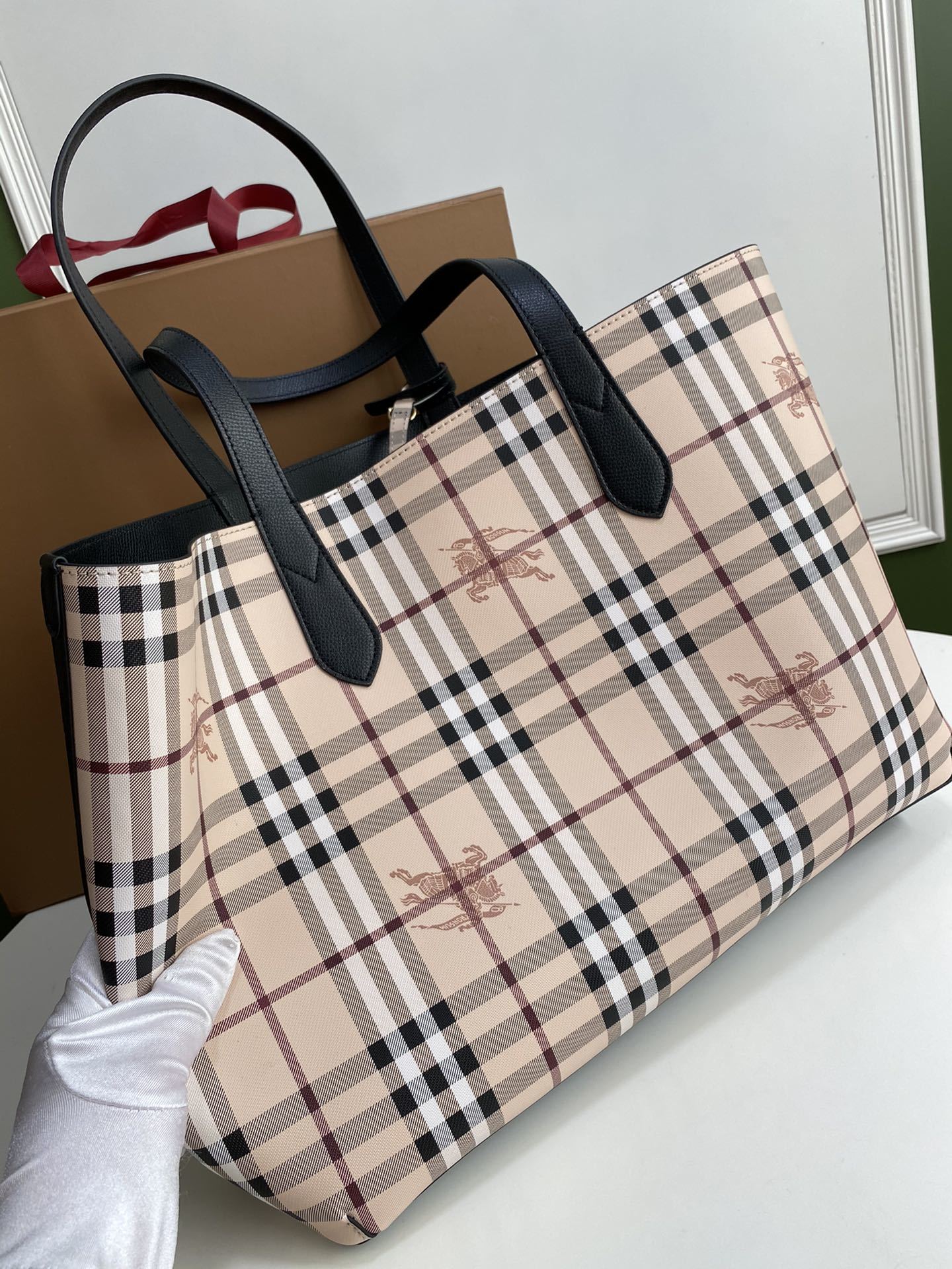 Burberry Reversible Haymarket Check Tote Bag with Black Leather Straps
