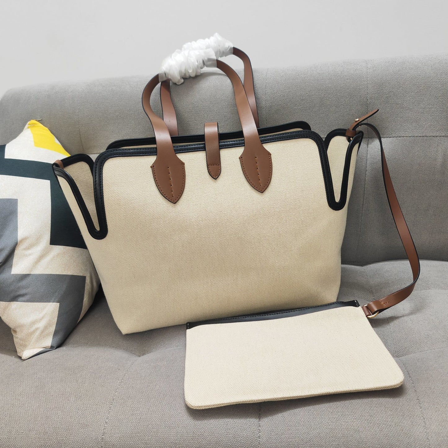 Burberry Horseferry Canvas Tote Bag with Brown Leather Handles