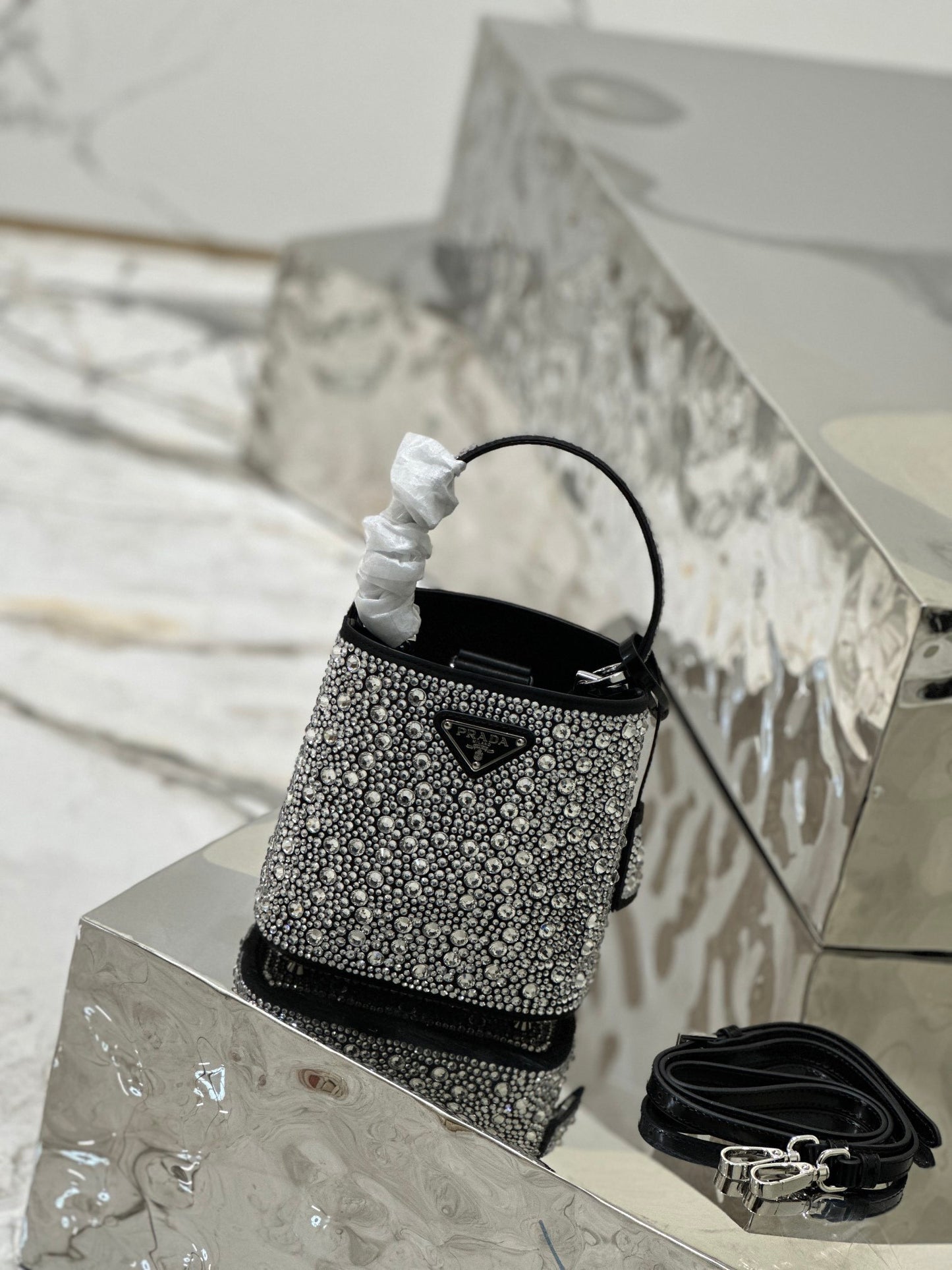 Prada Panier Crystal-Embellished Bucket Bag with Triangle Logo