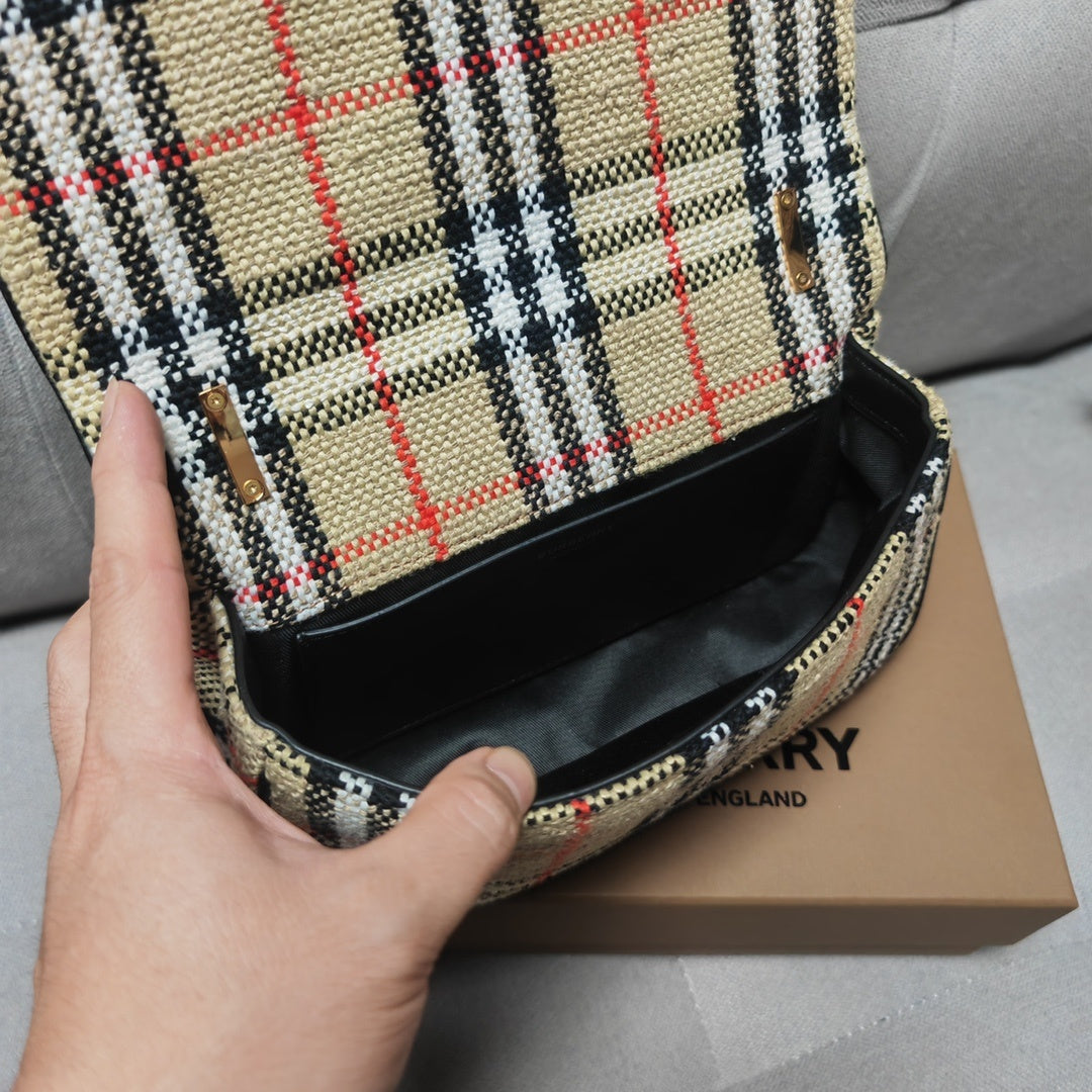 Burberry Beige Check Crossbody Bag with Gold-Tone Chain Strap