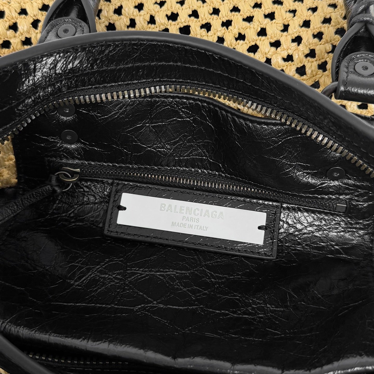 Balenciaga Small Le City Raffia Bag with Black Lambskin Trim