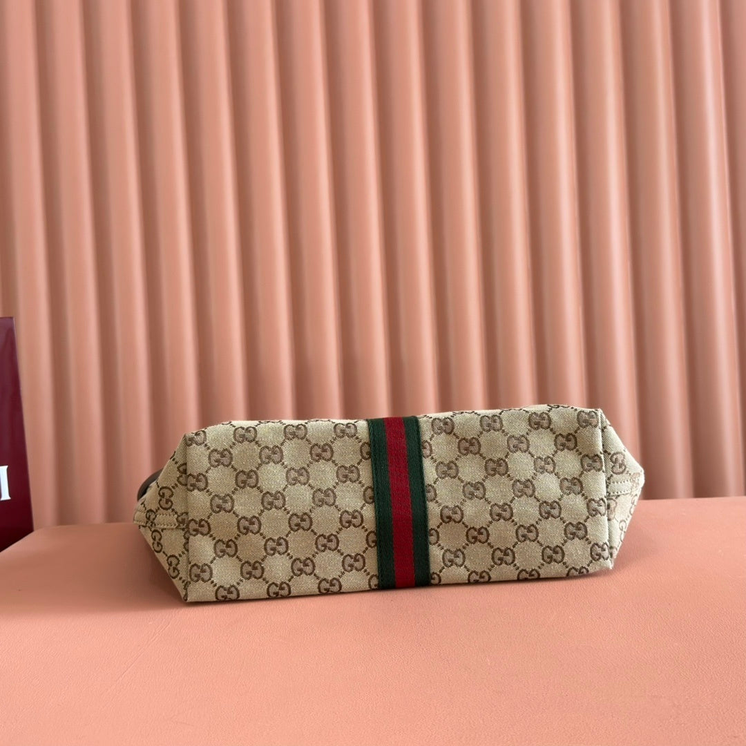 Gucci Giglio Large Tote Bag in Beige and Dark Brown GG Canvas with Web Trim