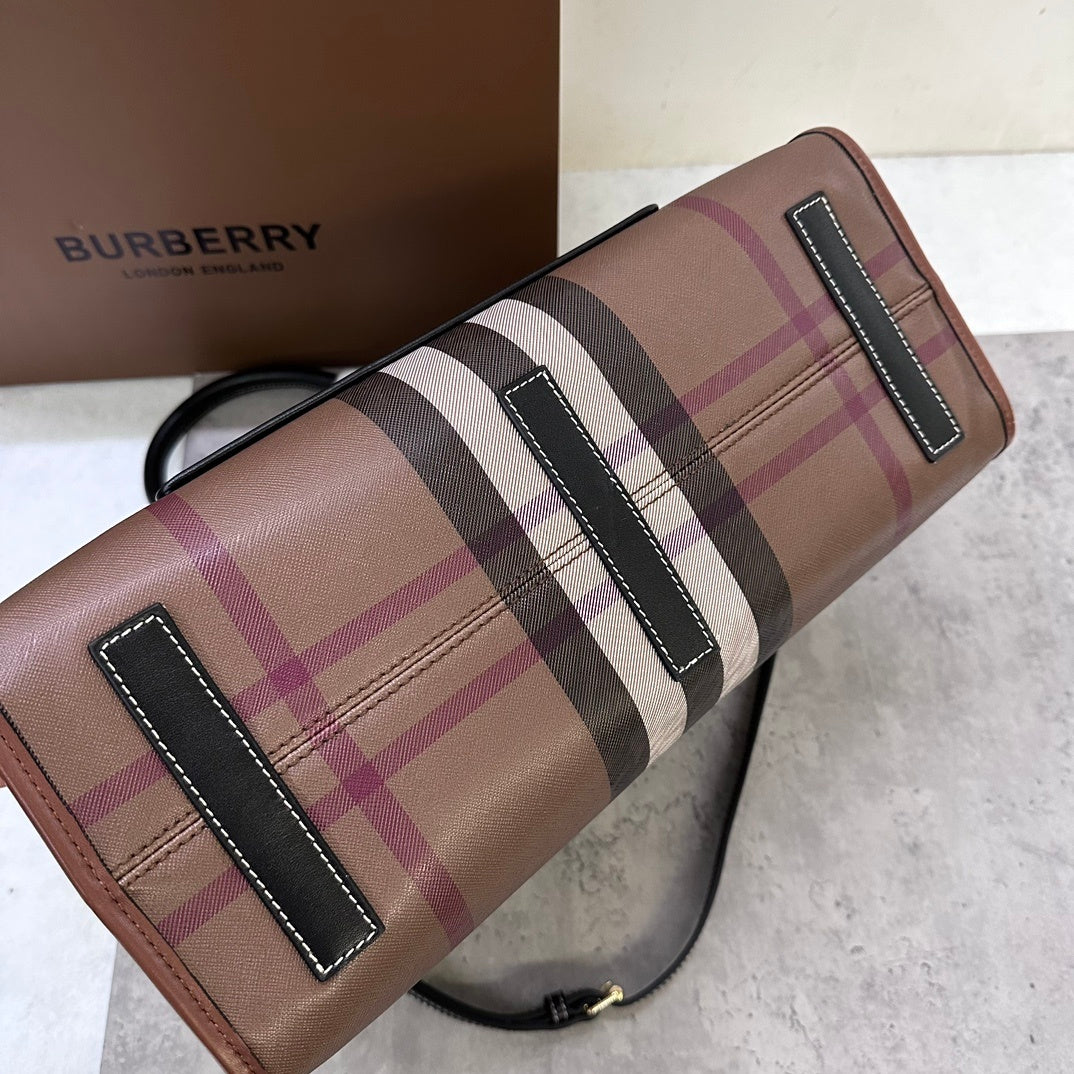 Burberry Medium Freya Tote Bag in Dark Birch Brown Check with Black Leather Trim