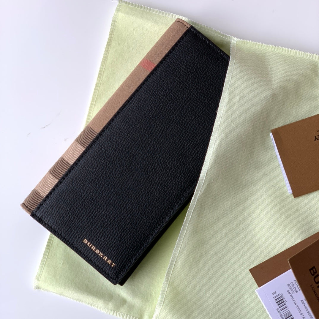 Burberry Long Grainy Leather Wallet with House Check Side Panel