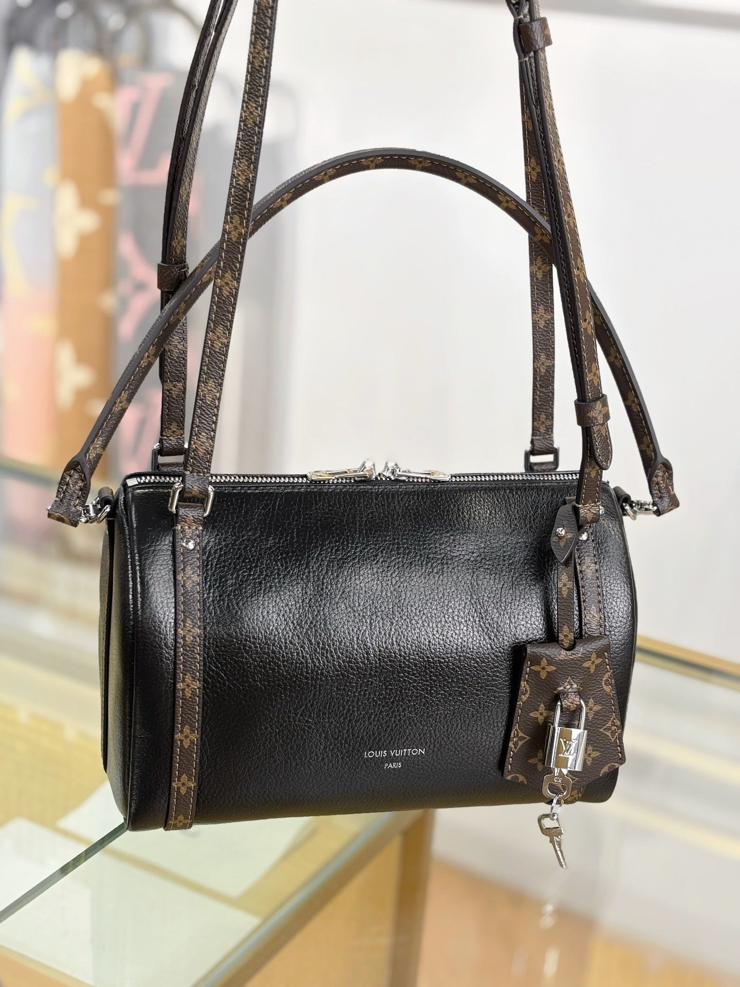 Louis Vuitton Express PM Handbag in Black Calfskin with Monogram Canvas Trim