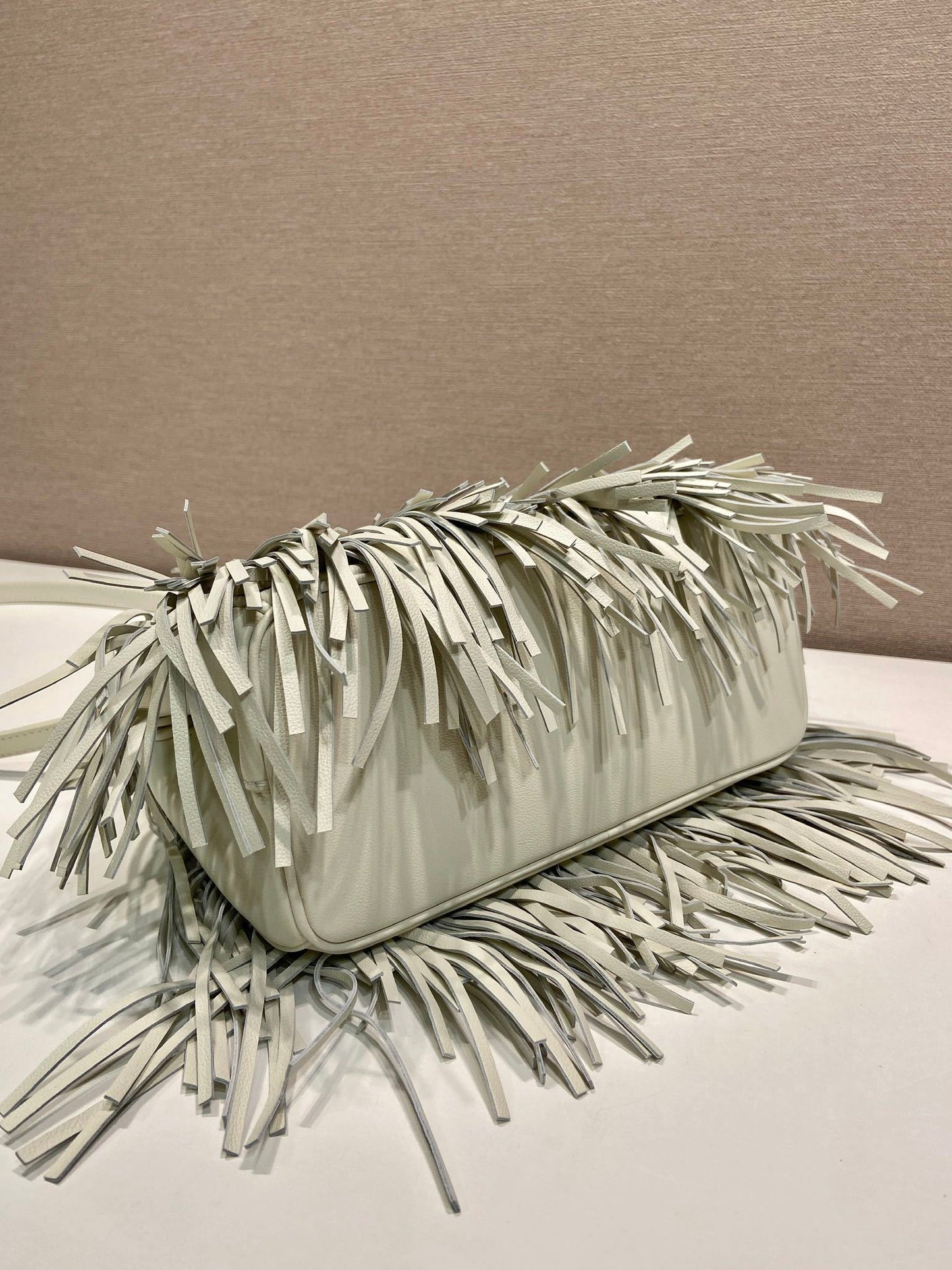 Prada Small Galleria White Tote Bag with Fringe Detailing