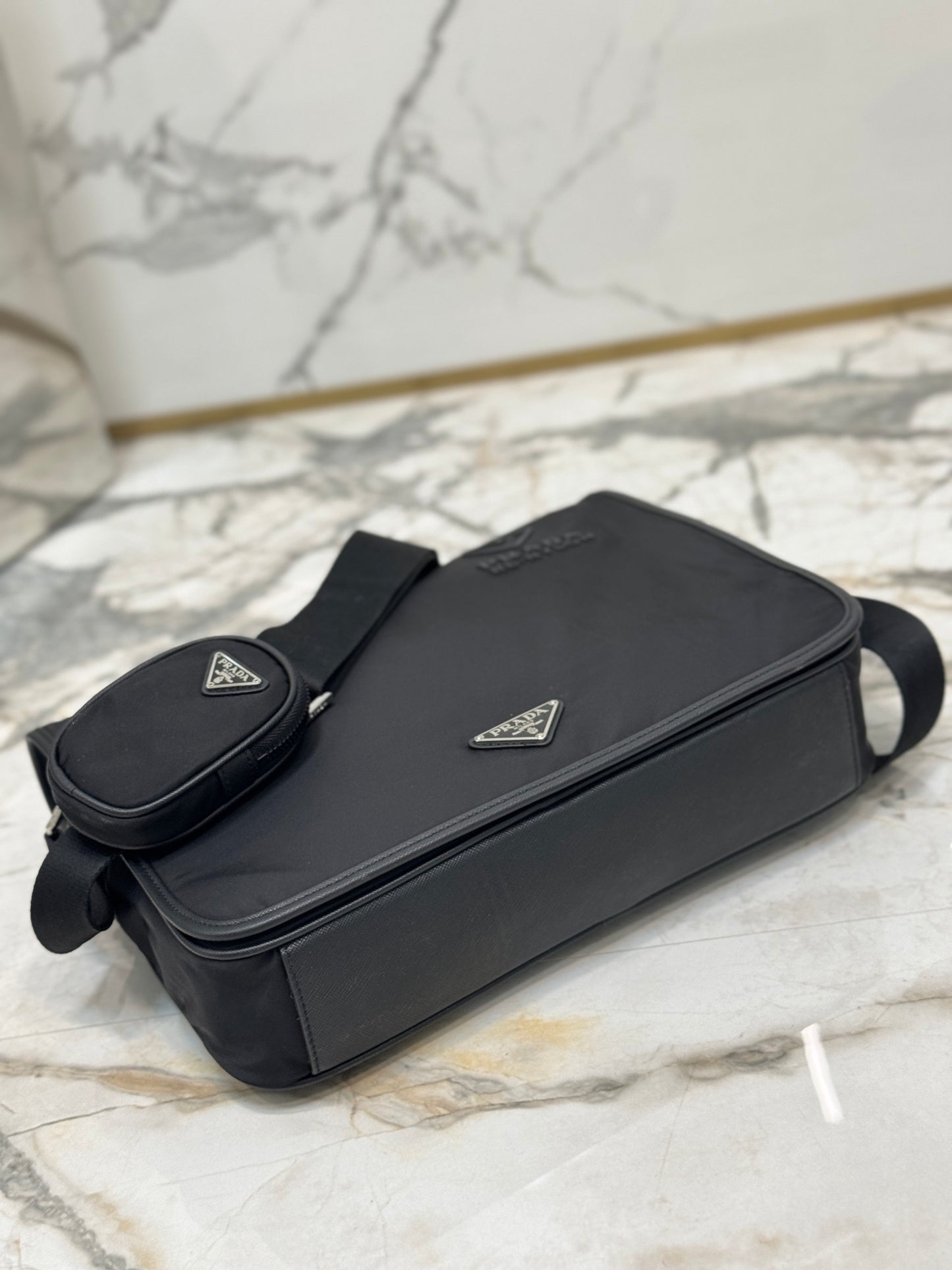 Prada Re-Nylon & Saffiano Leather Messenger Bag 2VD039 – Black with Removable Zip Pouch