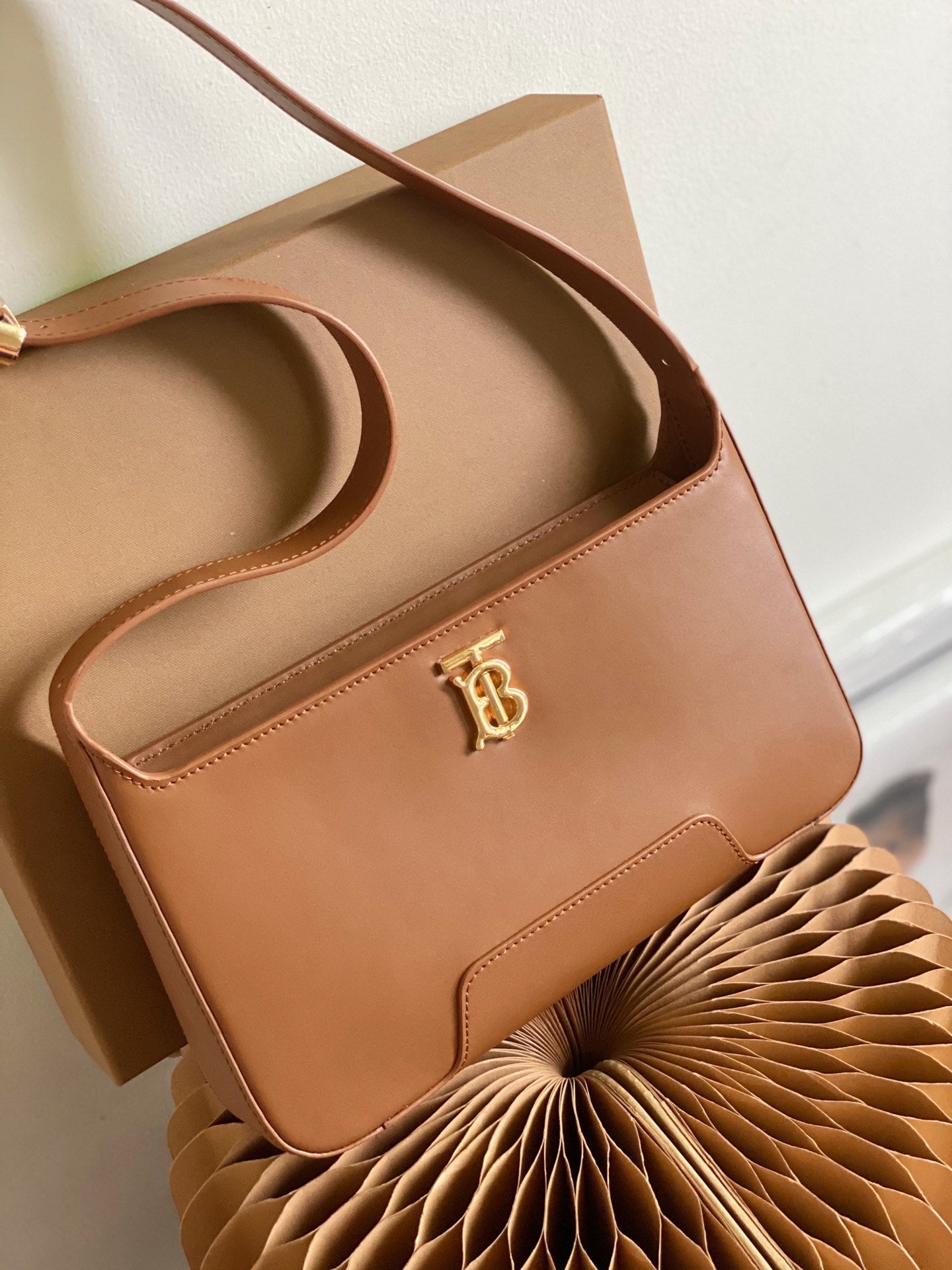 Burberry TB Brown Leather Shoulder Bag with Gold Monogram Logo