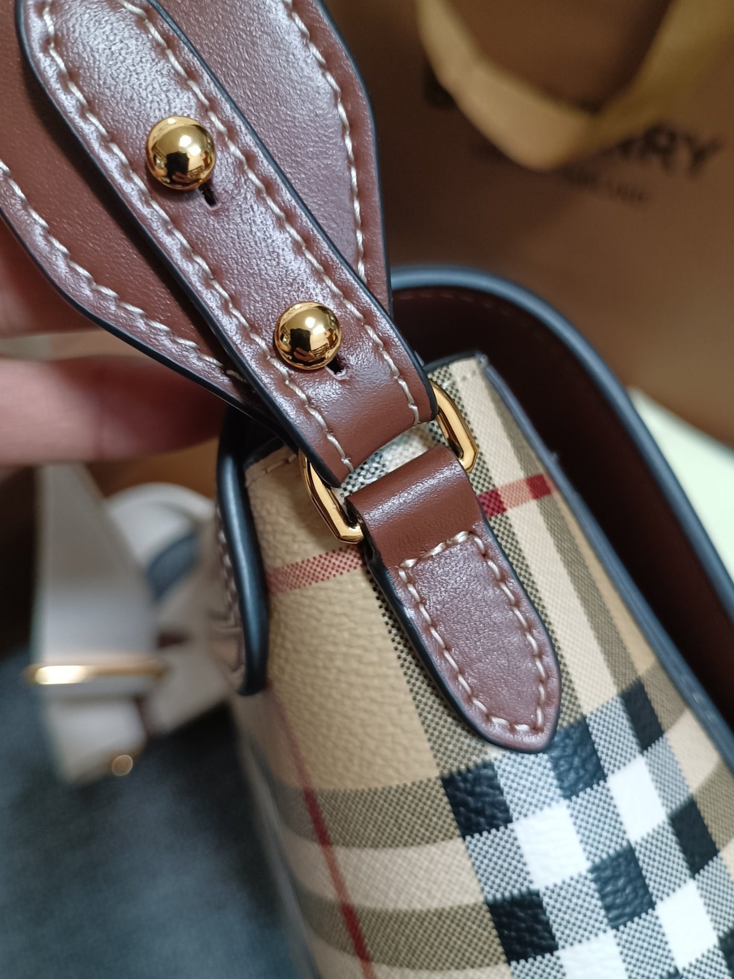 Burberry Note Crossbody Bag Archive Beige Check with Briar Brown Leather Trim