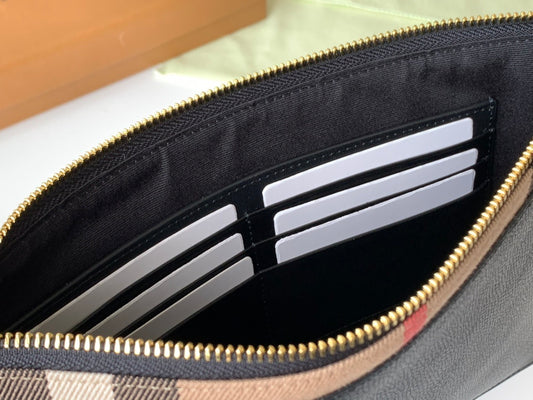 Burberry Black Leather Clutch Bag with Vintage Check Trim