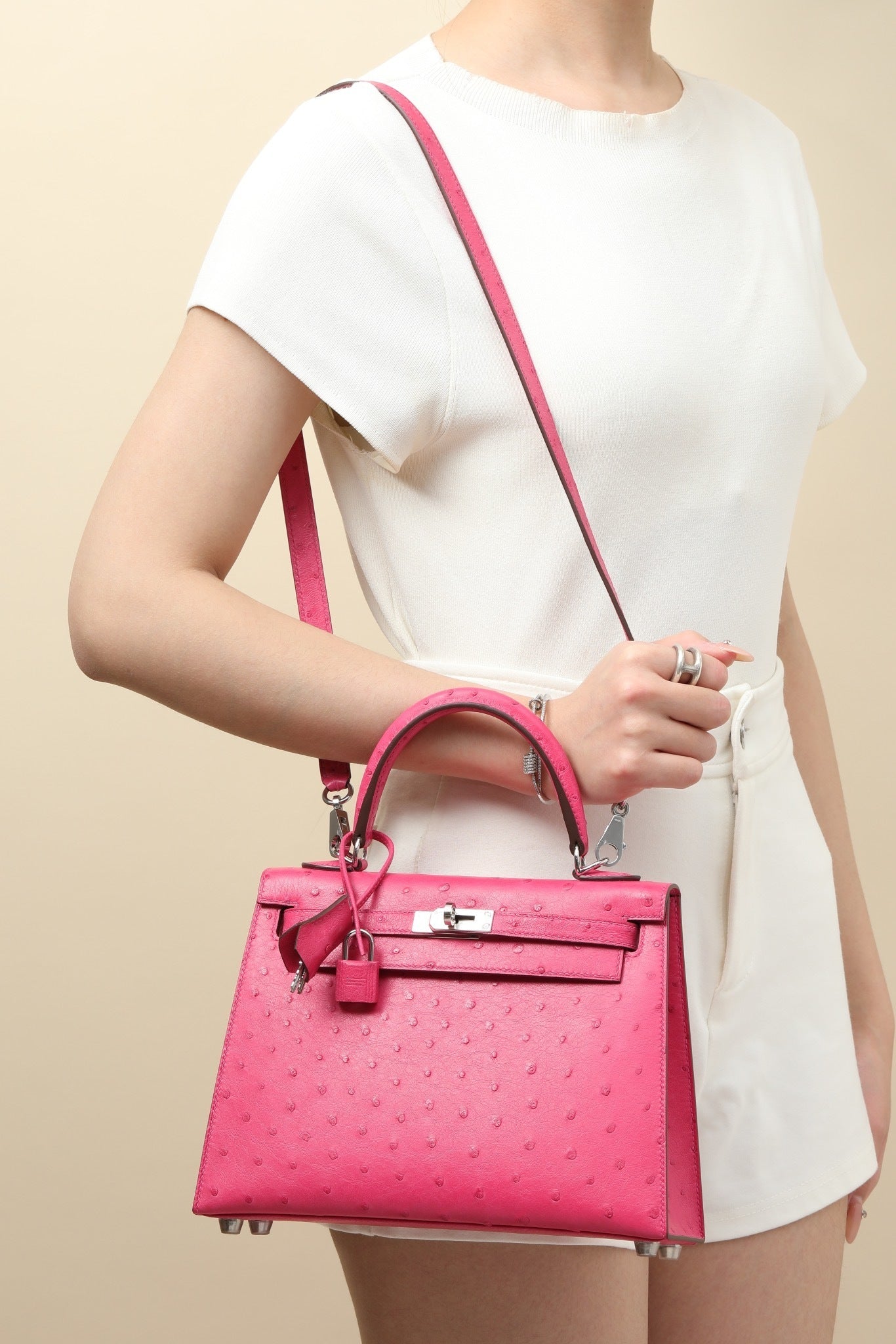 Hermès Kelly 25 Sellier Rose Tyrien Ostrich